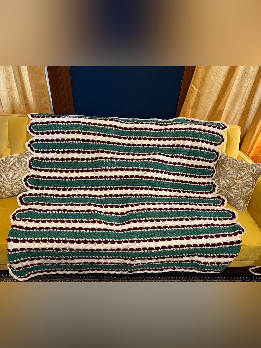 Handmade Striped Crochet Throw - Green, White & Burgundy